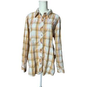 Bit & Bridle Womens Orange Pink Plaid Shirt